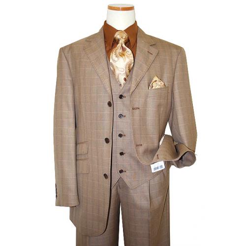 Steve Harvey Collection Tan With Cognac/Beige Windowpane And Hand-Pick Stitching Super 140's Vested Suit 6748